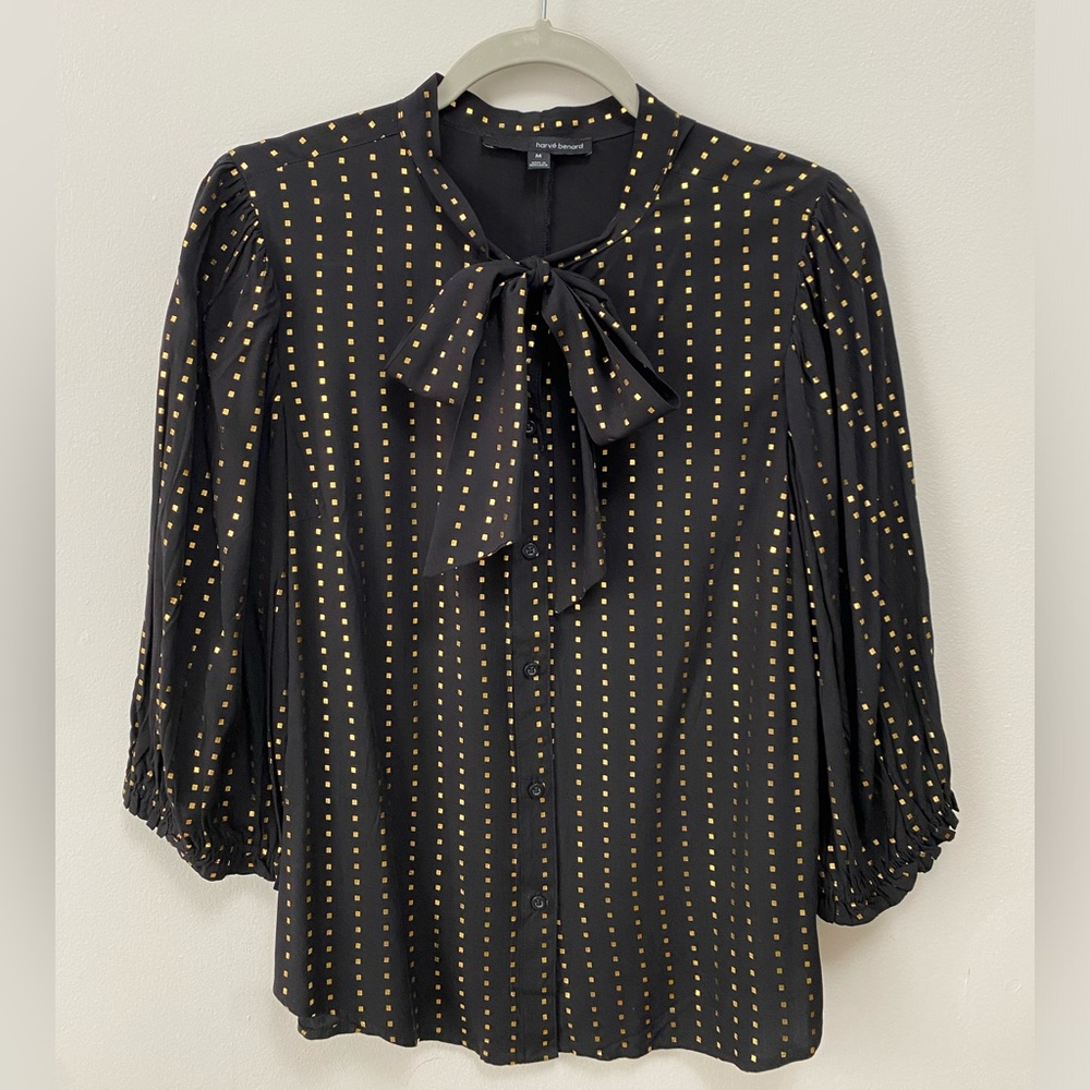 Harve Bernard- Tie Neck Blouse - Black and Gold - Size Medium